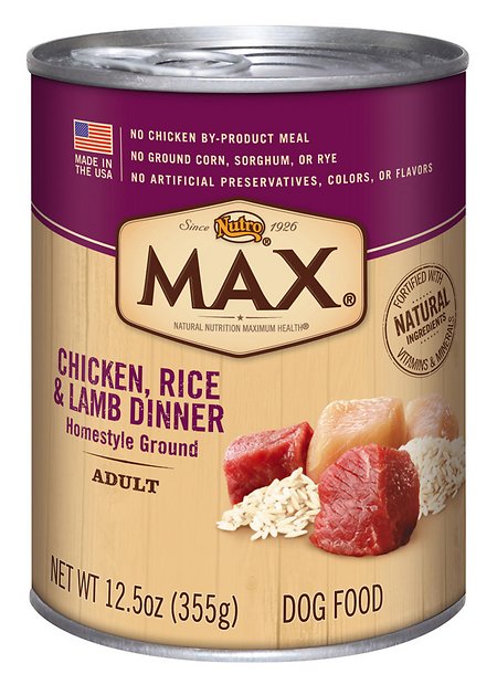 Nutro Max Adult Chicken, Rice & Lamb Dinner Canned Dog Food, 12.5-oz, case of 12