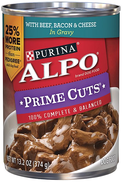 ALPO Prime Cuts with Beef, Bacon & Cheese in Gravy Canned Dog Food, 13.2-oz, case of 12