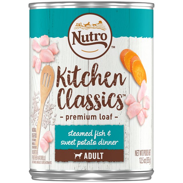 Nutro Adult Kitchen Classics Steamed Fish & Sweet Potato Dinner Canned Dog Food, 12.5-oz, case of 12