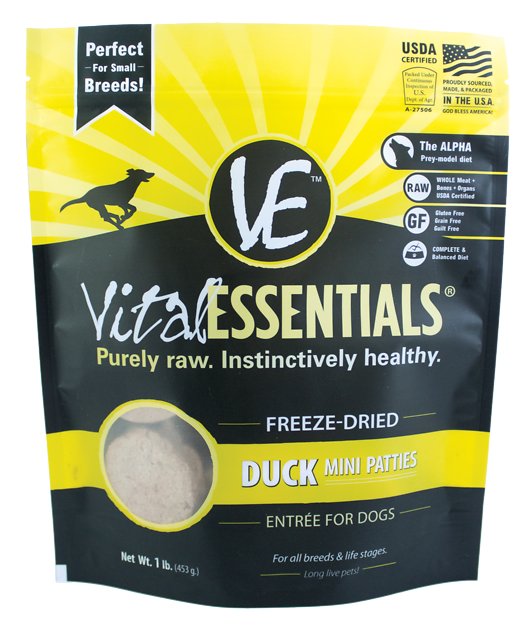 Vital Essentials Duck Entree Mini Patties Grain-Free Freeze-Dried Dog Food, 1-lb bag