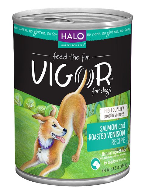 Halo Vigor Salmon & Roasted Venison Recipe Canned Dog Food, 13.2-oz, case of 12