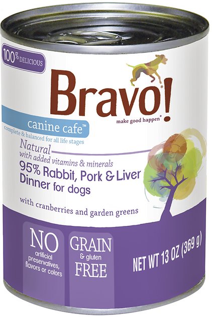 Bravo! Canine Cafe 95% Rabbit, Pork & Liver Dinner Grain-Free Canned Dog Food, 13-oz, case of 12