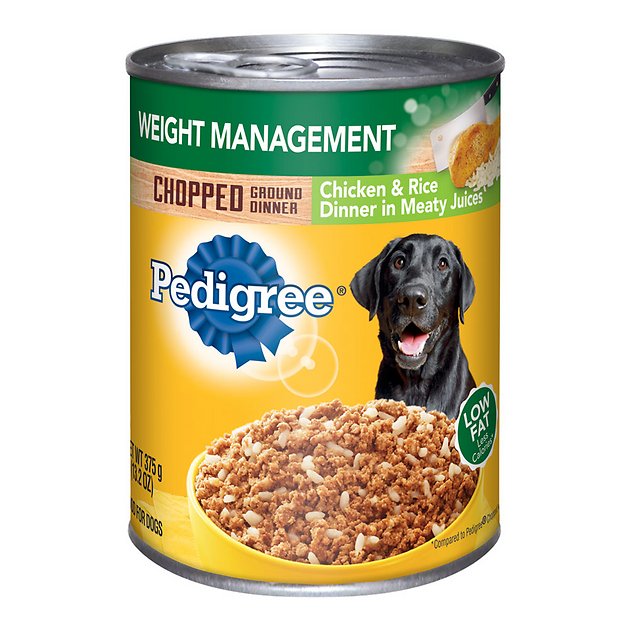 Pedigree Chopped Ground Dinner Weight Management Chicken & Rice Canned Dog Food, 13.2-oz, case of 12