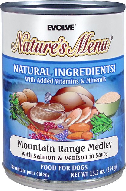 Evolve Nature's Menu Mountain Range Medley with Salmon & Venison in Sauce Canned Dog Food, 13.2-oz, case of 12